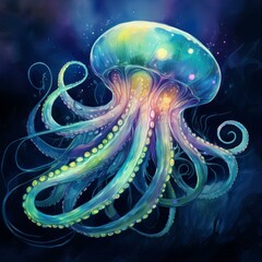 Wall Mural - scientific illustration deep-sea creature octopus with bioluminescent tentacles , watercolor drawing