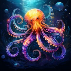 Wall Mural - scientific illustration deep-sea creature octopus with bioluminescent tentacles , watercolor drawing