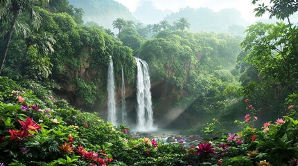 A picturesque waterfall surrounded by vibrant foliage in a tropical setting, vibrant, jungle, scenery, foliage