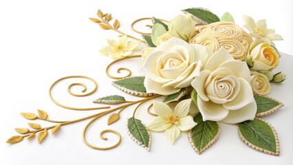 Wall Mural - Golden Swirls and Ivory Roses A Delicate Floral Composition