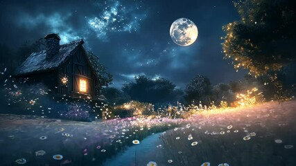 Poster - Under a brilliant starry sky, this enchanting image captures a beautiful garden filled with blossoming flowers, illuminated by the gentle glow of the moon and stars. 4K Video