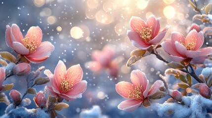 Poster - Pink flowers blooming in the snow.