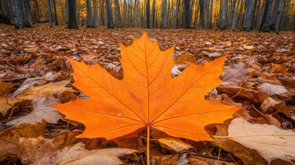 Wall Mural - Autumn Leaves in Forest with Vibrant Orange Maple Leaf Detail