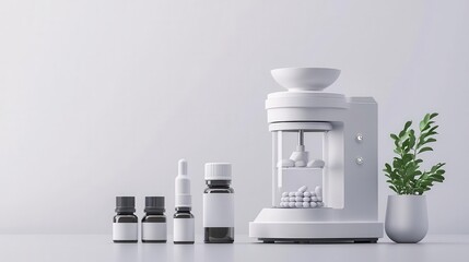 Wall Mural - Capsule polishing machine, futuristic pharmacy blueprint, 3D illustration