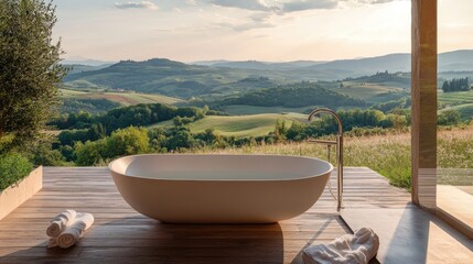 Wall Mural - Tranquil Bathtub Overlooking Rolling Hills at Sunset in a Luxurious Modern Bathroom Setting Surrounded by Peaceful Nature in the Heart of Tuscany