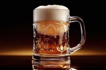 A traditional german beer stein filled with a golden lager.