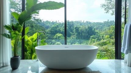 Wall Mural - Serenity in Nature: A Modern Bathtub Overlooking Lush Greenery in a Pristine Bathroom Retreat Designed for Relaxation and Tranquility