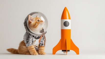 adorable orange cat in an astronaut suit and helmet next to a colorful rocket, embodying a charming 
