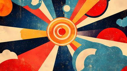 Wall Mural - overhead retro carnival swirl, abstract sun and rainbow pattern, bold circular shapes, groovy poster