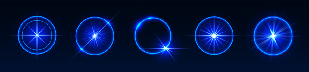 Wall Mural - blue light flares, glowing shiny sparks, lens flare effects, bright glimmering glares. vector illust