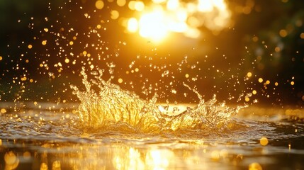 Wall Mural - Water splash at sunset with bokeh background.