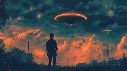 Wall Mural - Back view of man looking at alien invasion, ufo flying in the sky, concept of evidence and sighting, retro illustration. generative ai. Retro. Illustration