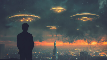 Wall Mural - Back view of man looking at alien invasion, ufo flying in the sky, concept of evidence and sighting, retro illustration. generative ai. Retro. Illustration