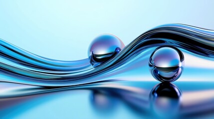 Wall Mural - Abstract blue waves with reflective spheres on a smooth surface.