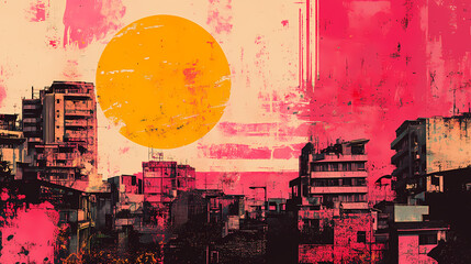 Wall Mural - Generative ai, retro grunge pink and yellow collage poster with asian cityscape, different mixed textures. Retro. Illustration