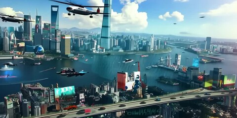 Wall Mural - cyberpunk city skyline with digital billboards and hovercrafts zooming above, 4k video