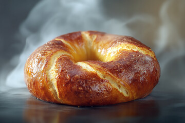 A traditional german pretzel, warm and freshly baked, with a golden-brown crus.