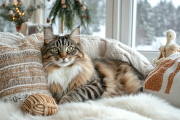 Wall Mural - scandinavian interior design, a maine coon cat with bright green eyes relaxing on a cozy sofa in a scandinavian living room with big windows and seasonal decorations