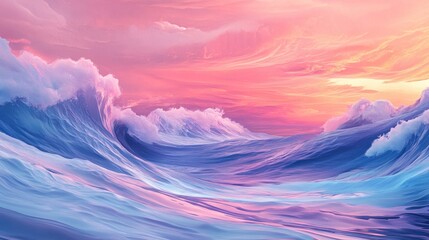 Wall Mural - Dreamlike pastel ocean waves under a vibrant sunset sky.