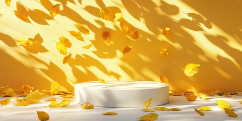 Poster - White podium with falling autumn leaves on yellow background.