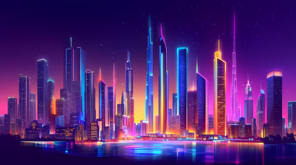 Wall Mural - Futuristic neon cityscapes luminescent skyscrapers urban futurism light painting nighttime cityscapes dark moody landscapes. futurity. illustration. Futurism. Illustration