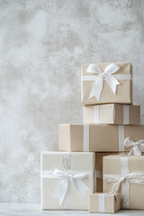 Wall Mural - christmas and zero waste, eco friendly packaging gifts in kraft paper on a wooden table, eco christm