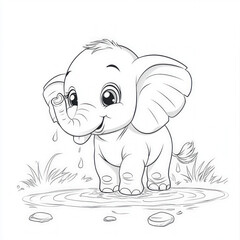 Wall Mural - An adorable baby elephant splashing in a puddle, coloring page for kids, simple outline illustration. Coloring book, simple lines.