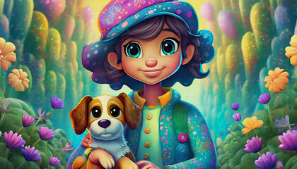 Poster - oil painting style cartoon character  illustration multicolored girl holding a dog 