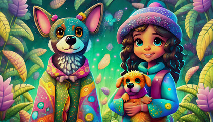 Poster - oil painting style cartoon character  illustration multicolored girl holding a dog 