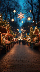 Sticker - charming street in Paris during Christmas time, with twinkling lights, decorated trees, and festive market stalls, creating a cozy smartphone wallpaper.