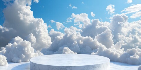 Poster - White marble podium on fluffy clouds against a bright blue sky.