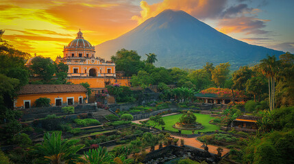 Wall Mural - Majestic Landscape Featuring A Sprawling Castle Atop A Hill, Surrounded By Lush Gardens And Towering Mountains, All Under A Dramatic Sunset Sky Filled With Vibrant Colors