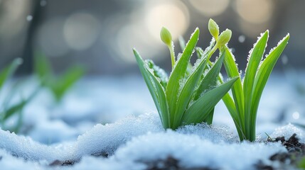 Wall Mural - First flowers Snow and First Drops in March: transition from winter to spring with both fresh snowfall a