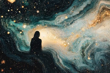 Wall Mural - A woman is sitting in the middle of a galaxy