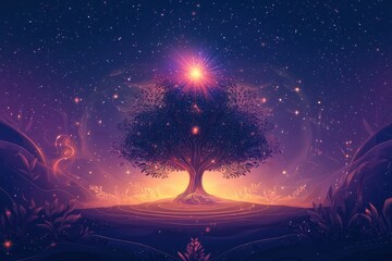 Wall Mural - A tree with a glowing center is surrounded by stars in a purple sky
