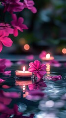 Poster - Floating candles and pink flowers create a serene atmosphere at dusk by the water