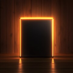 Aufkleber - A black box sits against a dark wood background, illuminated by bright neon lights.  This is a vector graphic image.