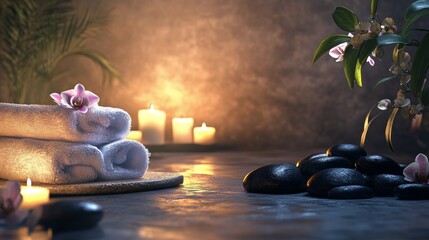 Canvas Print - Tranquil spa setting with candles, stones, and orchids creating a peaceful atmosphere