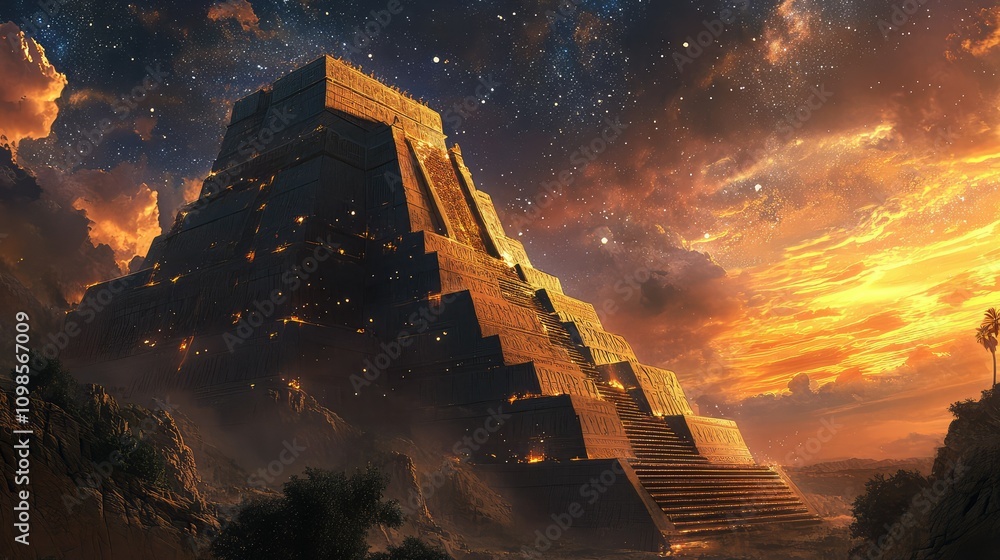 Majestic Ziggurat Landscape at Sunset with Stars, Imaginary ...