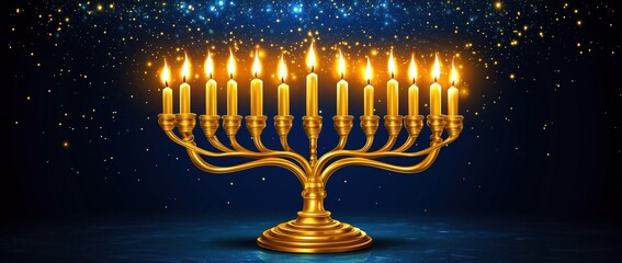 Wall Mural - Menorah with burning candles on a background of a starry sky. Hanukkah