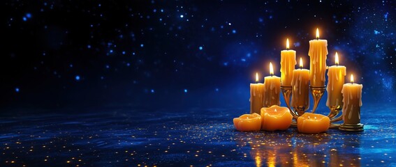 Wall Mural - Menorah with burning candles on a background of a starry sky. Hanukkah