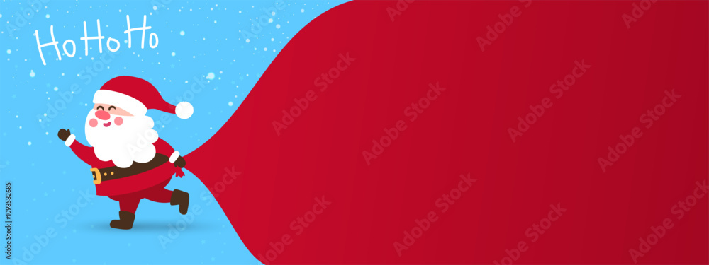Santa Claus pulls heavy bag full of gifts at snow fall. Cute funny ...