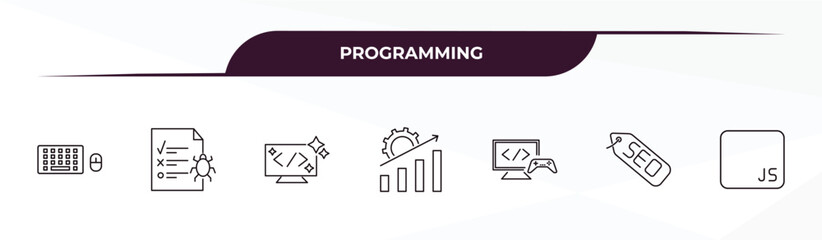 fully editable outline icon collection from programming concept. thin line icons set such as keyboard and mouse, bug report, clean code, seo tags, js,