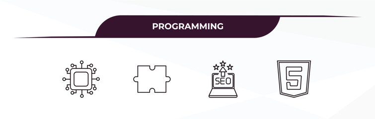 fully editable outline icon collection from programming concept. thin line icons set such as hardware, plugin, seo reputation, html,