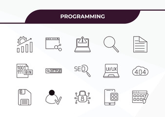 fully editable outline icon collection from programming concept. thin line icons set such as seo gro