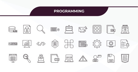 fully editable outline icon collection from programming concept. thin line icons set such as mysql, encripted file, xml, floppy disk, html,