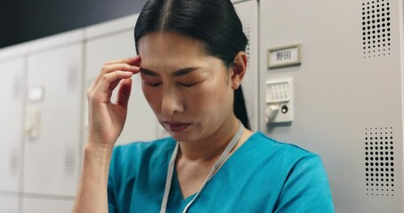 Canvas Print - Japanese woman, nurse and headache in grief, burnout or mistake at hospital locker. Frustrated, sad physician or medical healthcare person in stress, loss or failed surgery in clinic break room