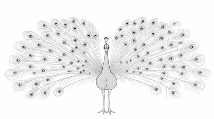 Simple line drawing of a peacock fanning its tail, capturing majesty in minimalism. Minimalism. Illustration