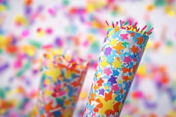 Wall Mural - Close-up shot of a party hat with colorful confetti sprinkles in the background