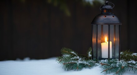 Wall Mural - Christmas lantern with burning candle illuminating snowy pine branches in winter twilight creating a cozy atmosphere